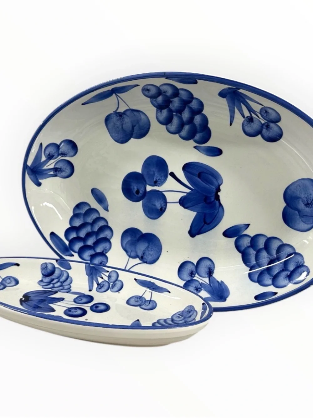 Stoviglieria Italy Blue Fruit Hand Painted Oval Serving Platters Set Of 2 Vtg